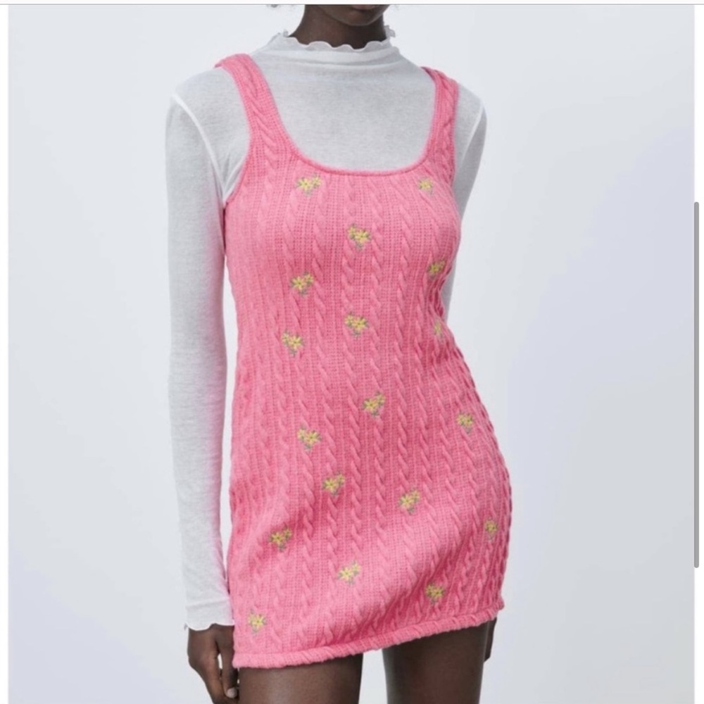 NWT Pink Knit Embroidered Dress by Zara Size M